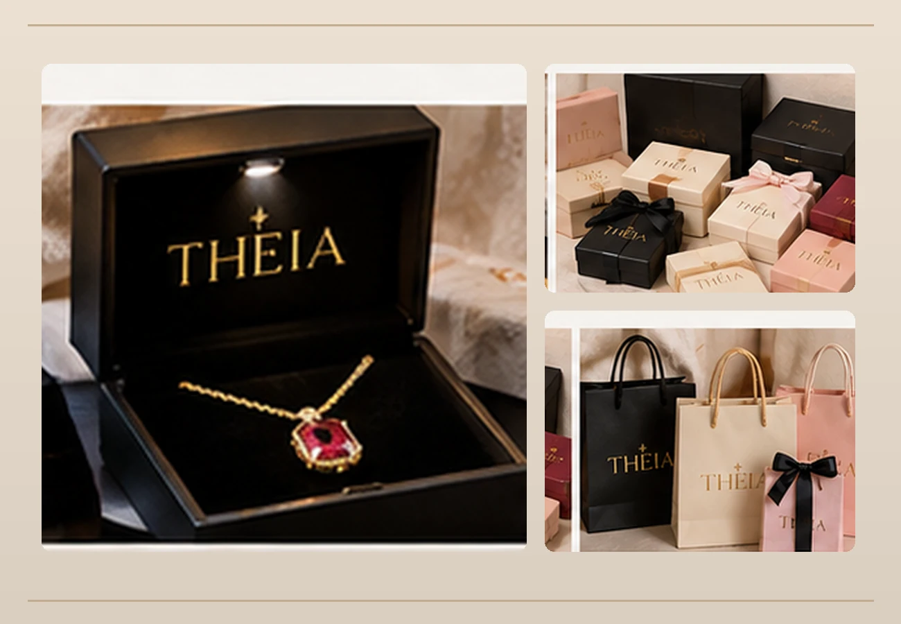 THEIA corporate gifting presentation featuring premium jewelry boxes and coordinated packaging